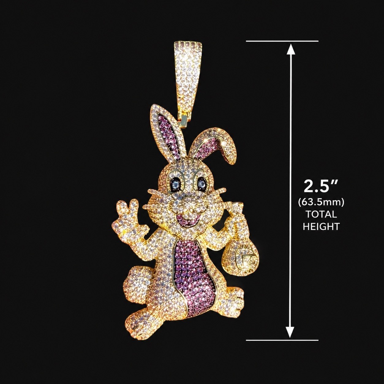 Iced Out Easter Bunny Pendant Purple CZ Gold Hip Hop Rabbit w/ Rope Chain