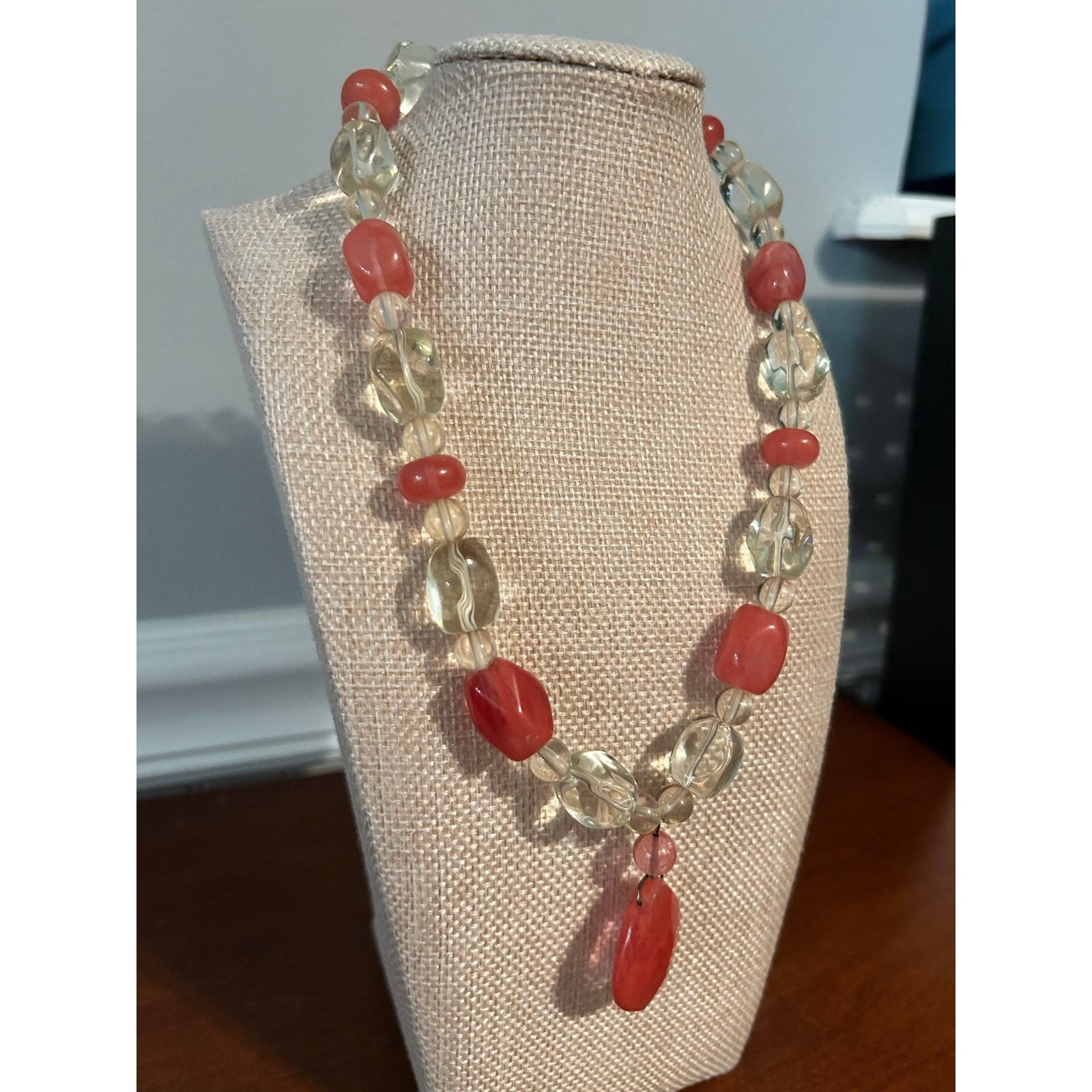 Vintage Pink Beaded Necklace Clear Faceted Oval Beads Choker 16 Inch Romantic