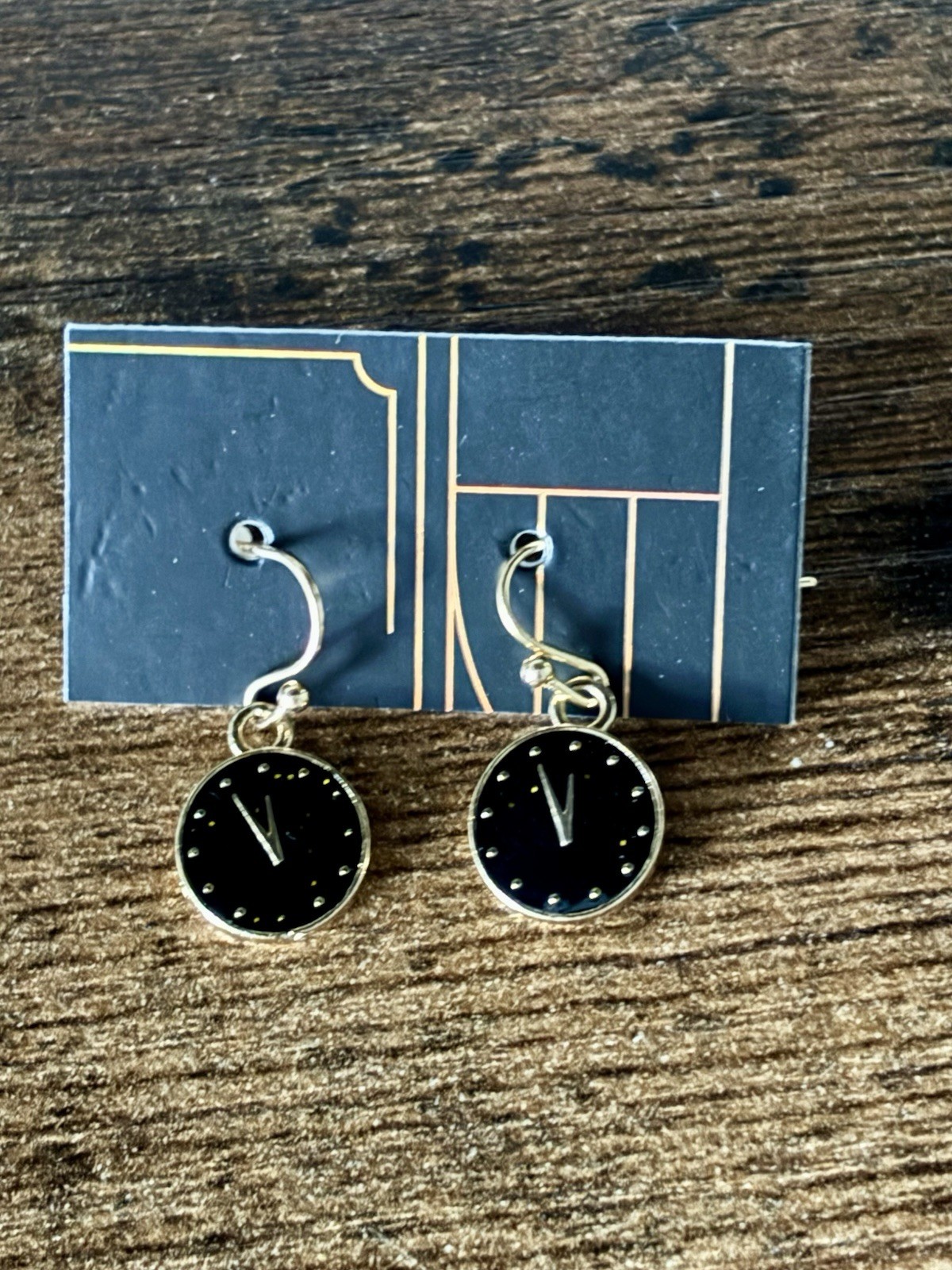 New Years Round Clock Dangle Gold Tone French Wire Close Earrings