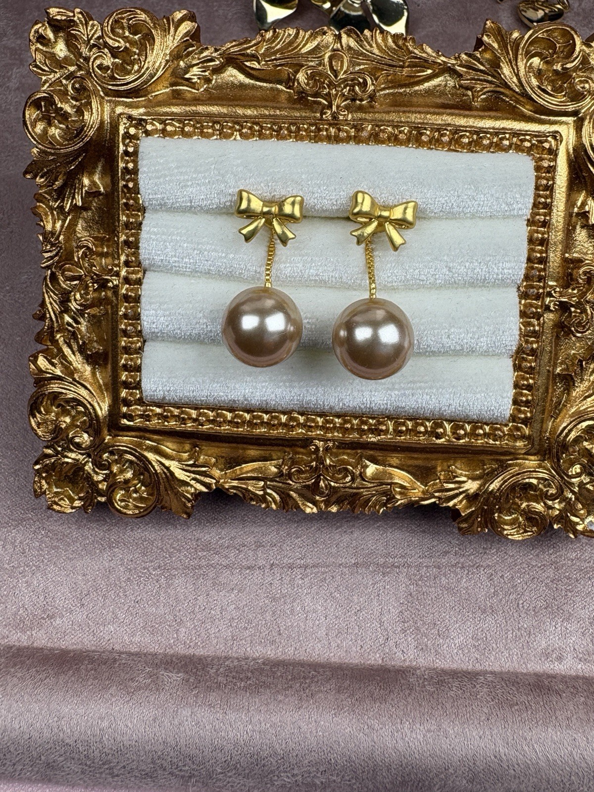 Gold Tone Bow Heart Pendant Jewelry Set Necklace Earrings Imitation Pearl CZ