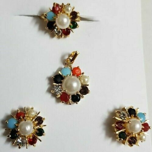 Navratan Attractive Combo Offer Earrings Pendant Chain Ring Cubic Zirconia AD GP