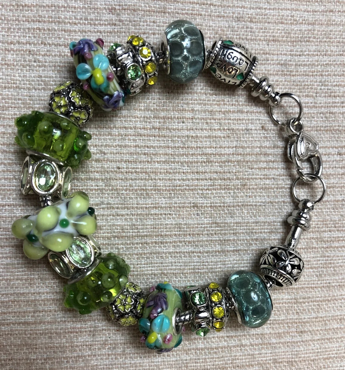 European Charm Bracelet Yellow Green Lavender Flowers Lobster Clasp