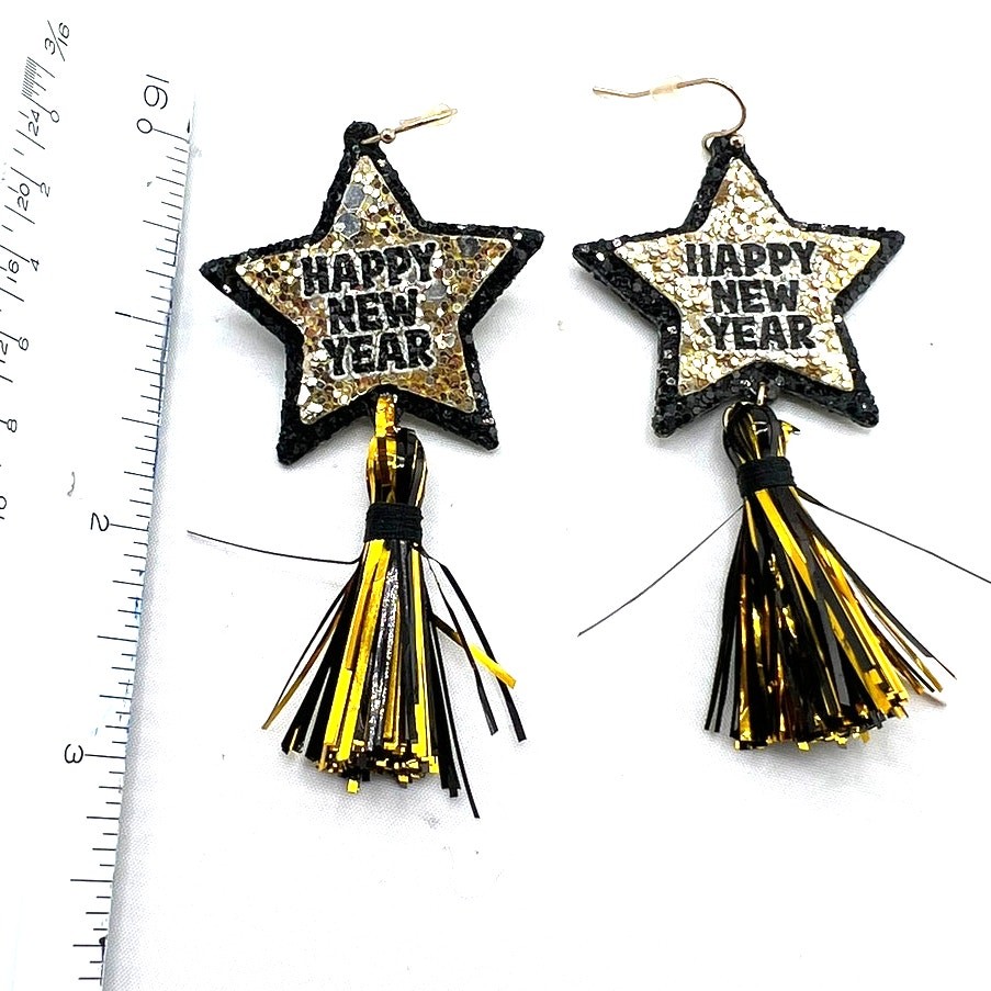 Happy New Year Earrings Party Star Glitter Tassel Tinsel Pierced Dangle