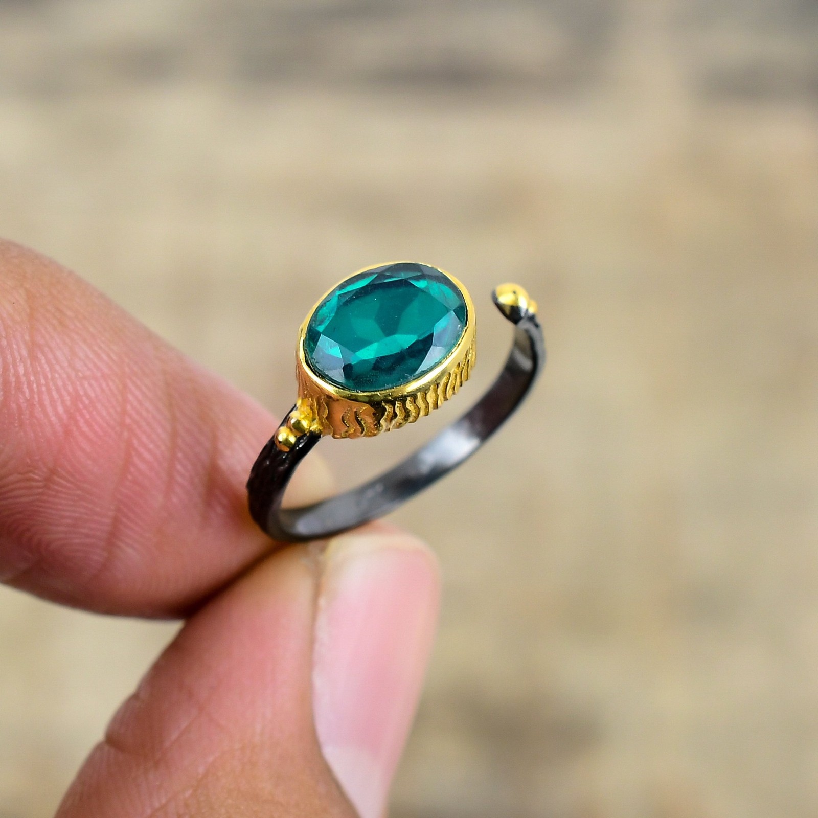 Paraiba Tourmaline Black & Gold Plated 925 Sterling Silver Ring S.Adjustable R73