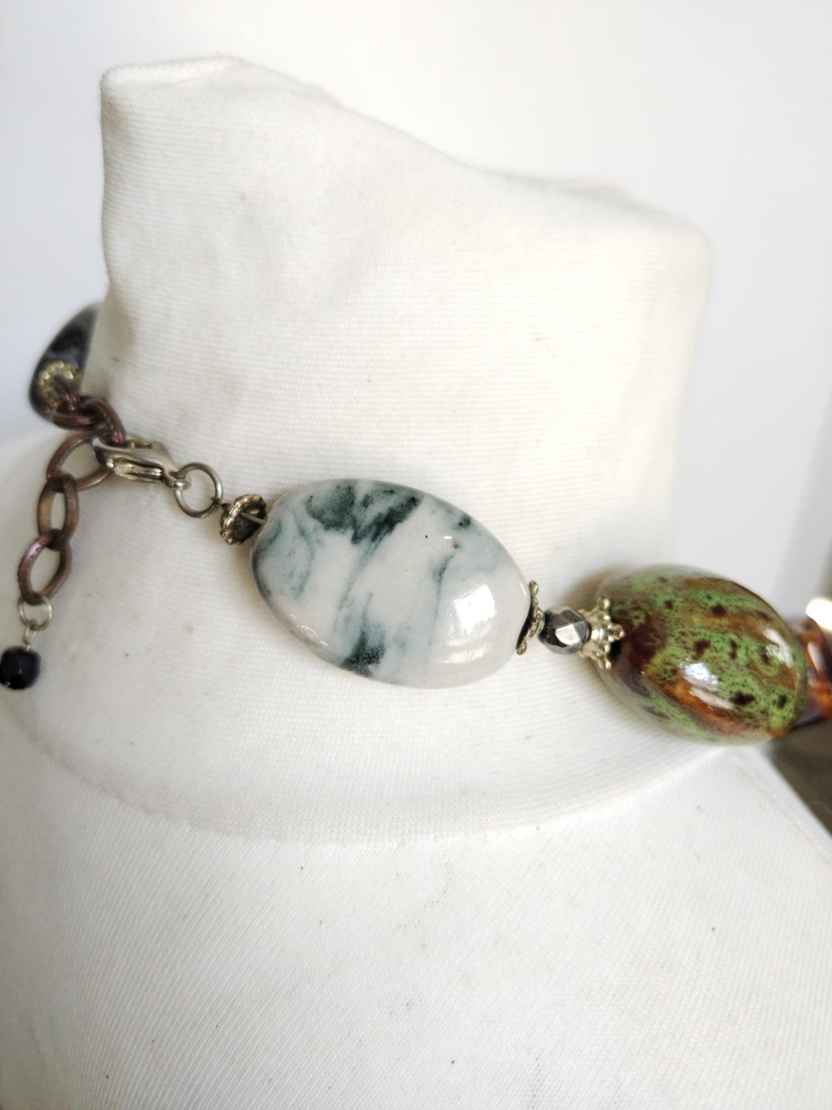 Chunky Glazed Ceramic Mixed Shapes Beaded Statement Necklace, blue green brown