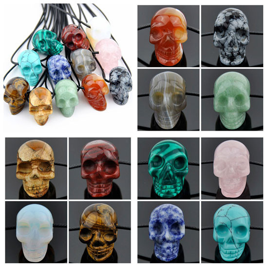 Natural Carved Skull Skeleton Statue Gemstone Specimens Pendant Necklace Gift
