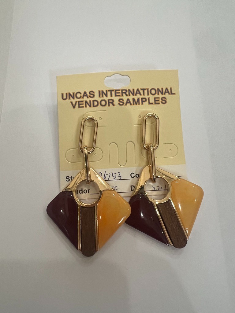 Geometric Earrings Gold Amber Wine Blush Wood 3” Mod Uncas Int Vendor Sample