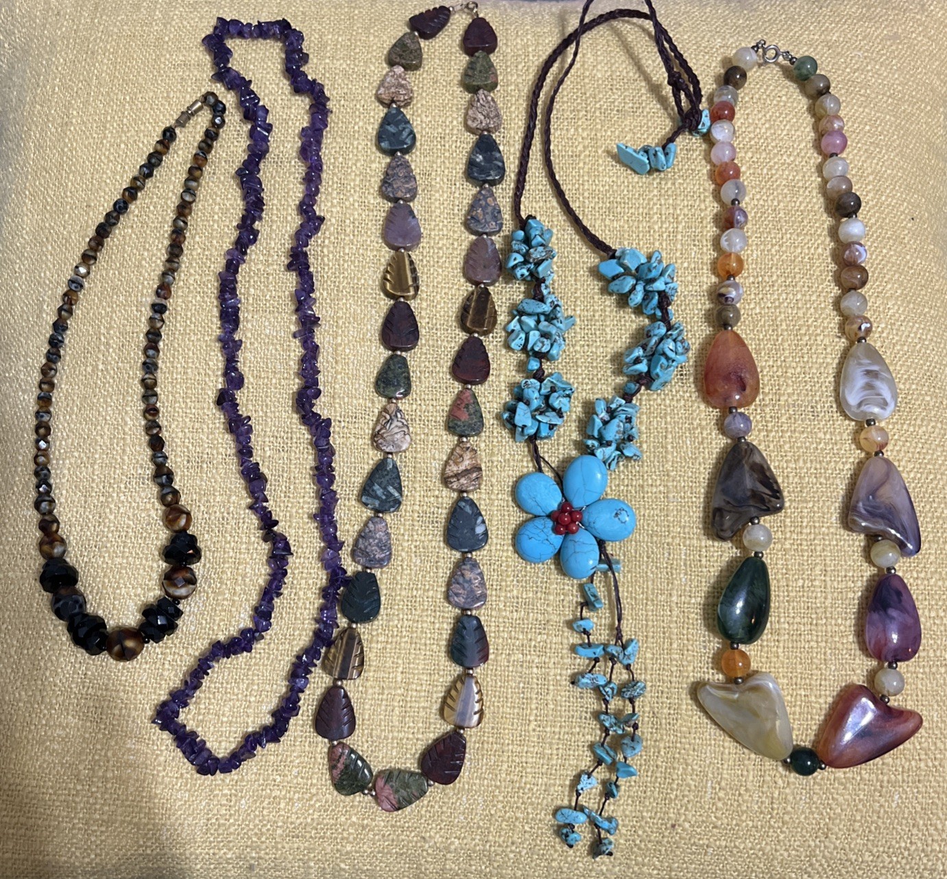 Necklaces- Polished & Carved Stones-Turquoise-Amethyst More Lot 0f 5 Assorted