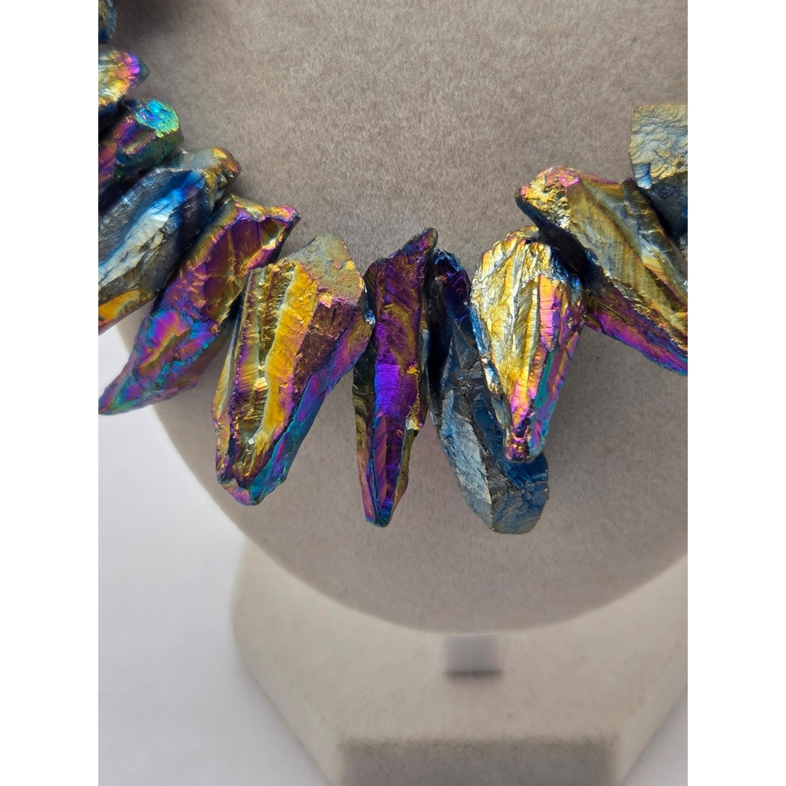 Raw Rainbow Aura Titanium Quartz & Lava Rock Statement Bib Necklace – 16″