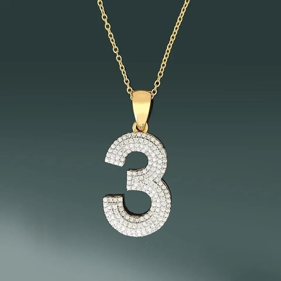Men’s Customized 3 Number Pendant Round Simulated Diamond 14K Yellow Gold Plated