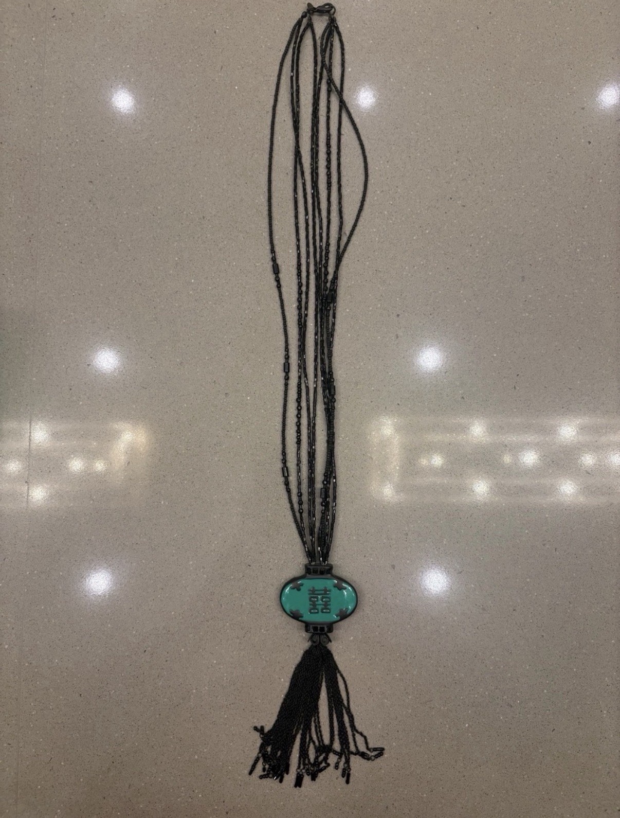 Multi-Strand Black Cord Necklace Turquoise Oval Pendant Tassel Lobster