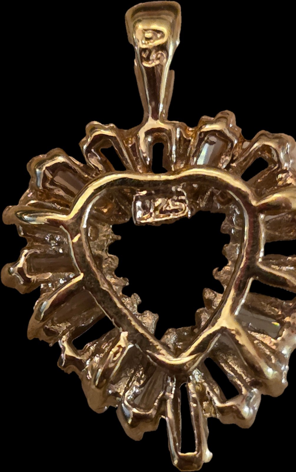 .925 Heart Charm Pendant in Yellow Gold Metal w/ White Baguette CZ, Prong Set