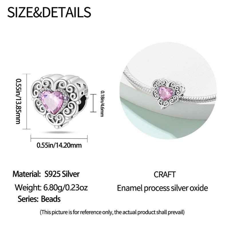 PANDACH 925 Sterling Silver Romantic Heart Bead Charm For Women Bracelets DIY