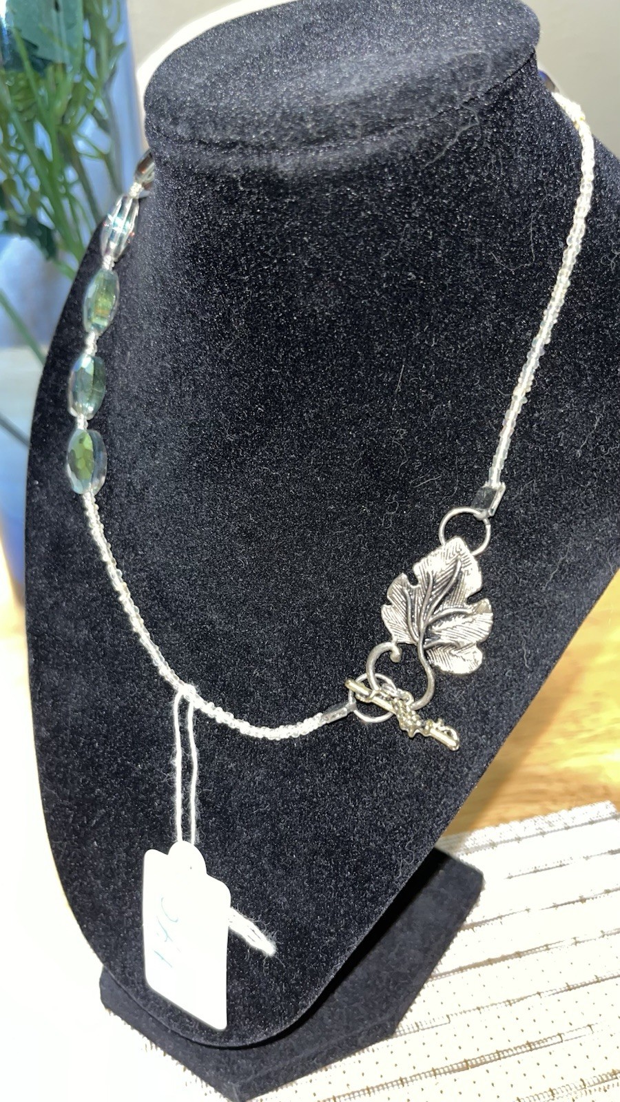 Silver Tone Beaded Necklace Multicolor Round Stones Leaf Charm Lobster Clasp