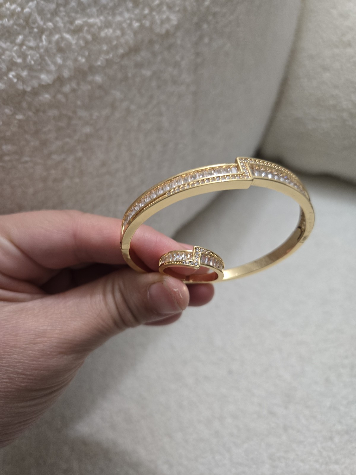 GoldTone Hinged Bangle Cuff WithRing Bracelet,Clear Baguette Crystal, Stackable