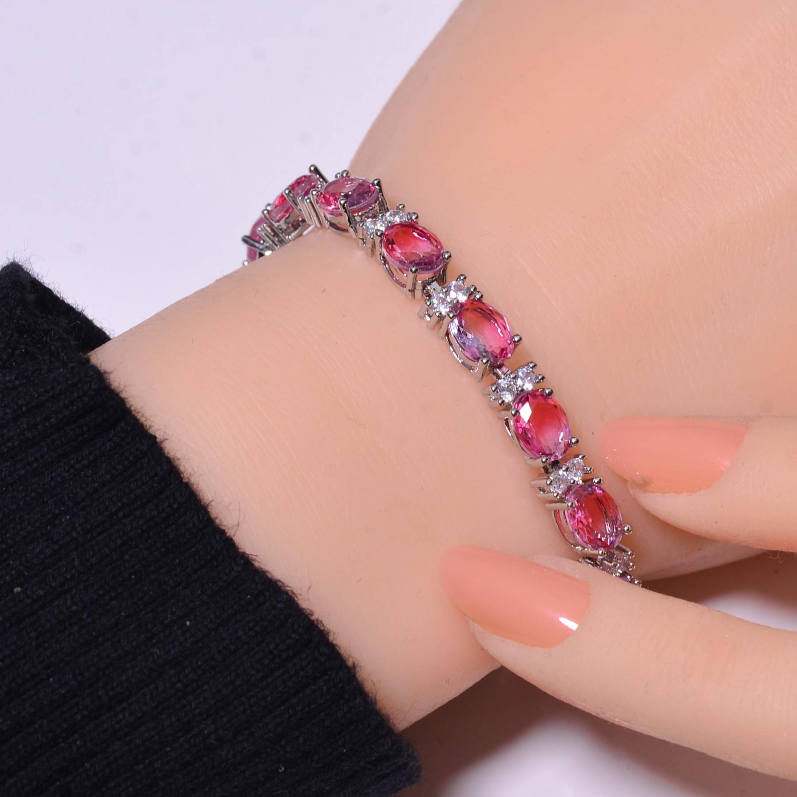 Bi-Colour Tourmaline & CZ Gemstone 925 Sterling Silver Tennis Bracelet 7.99″ B75