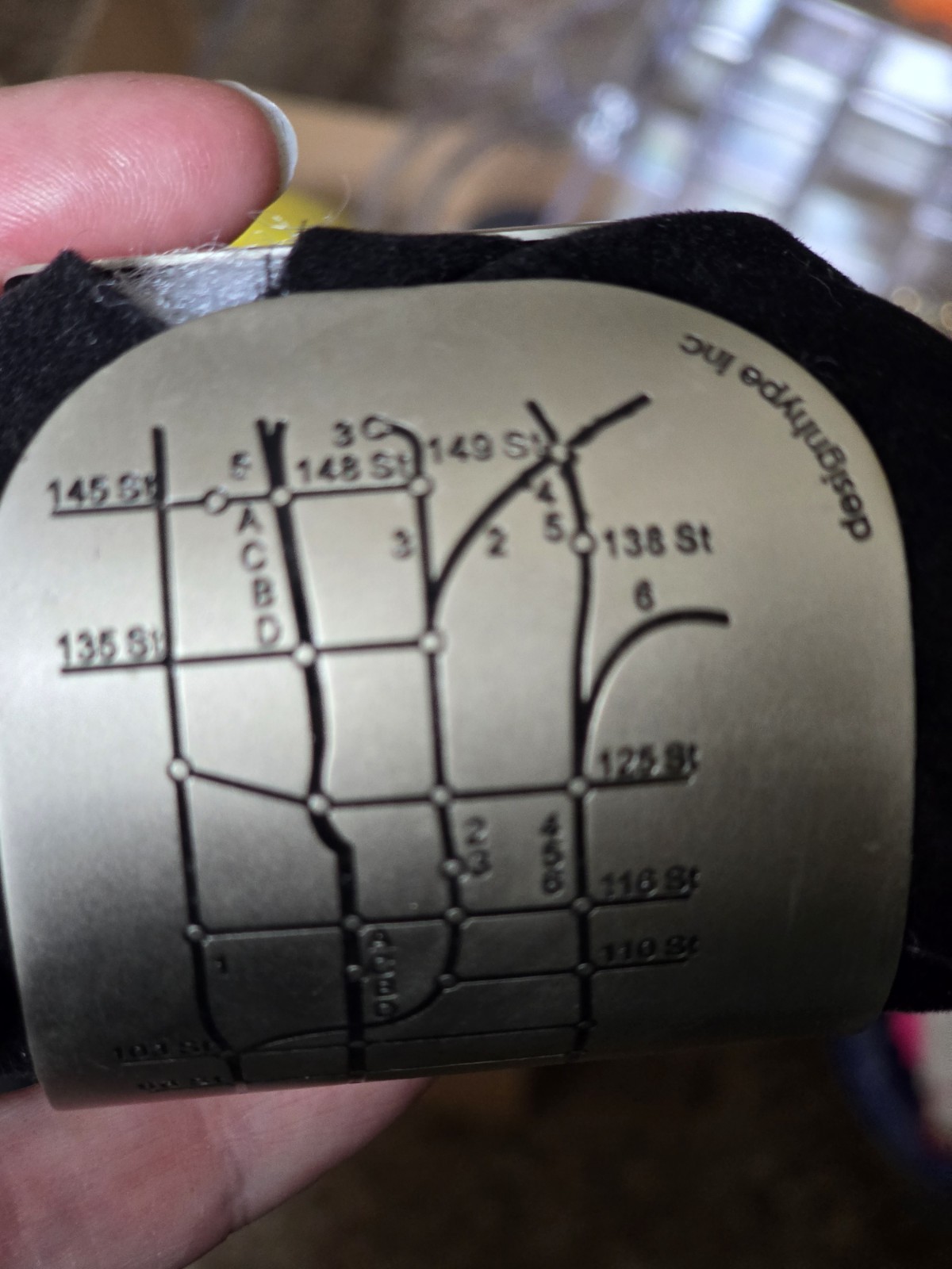 Pewter Cuff Bracelet Engraved Subway Map Design wall street to 148th NY