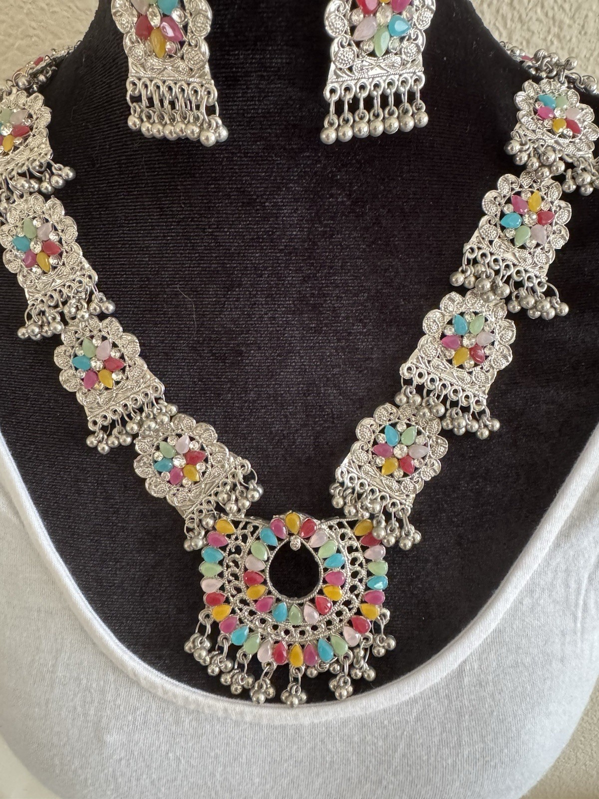 Silver Tone Multicolor Necklace & Dangle Earrings Jewelry Set, Silver Color
