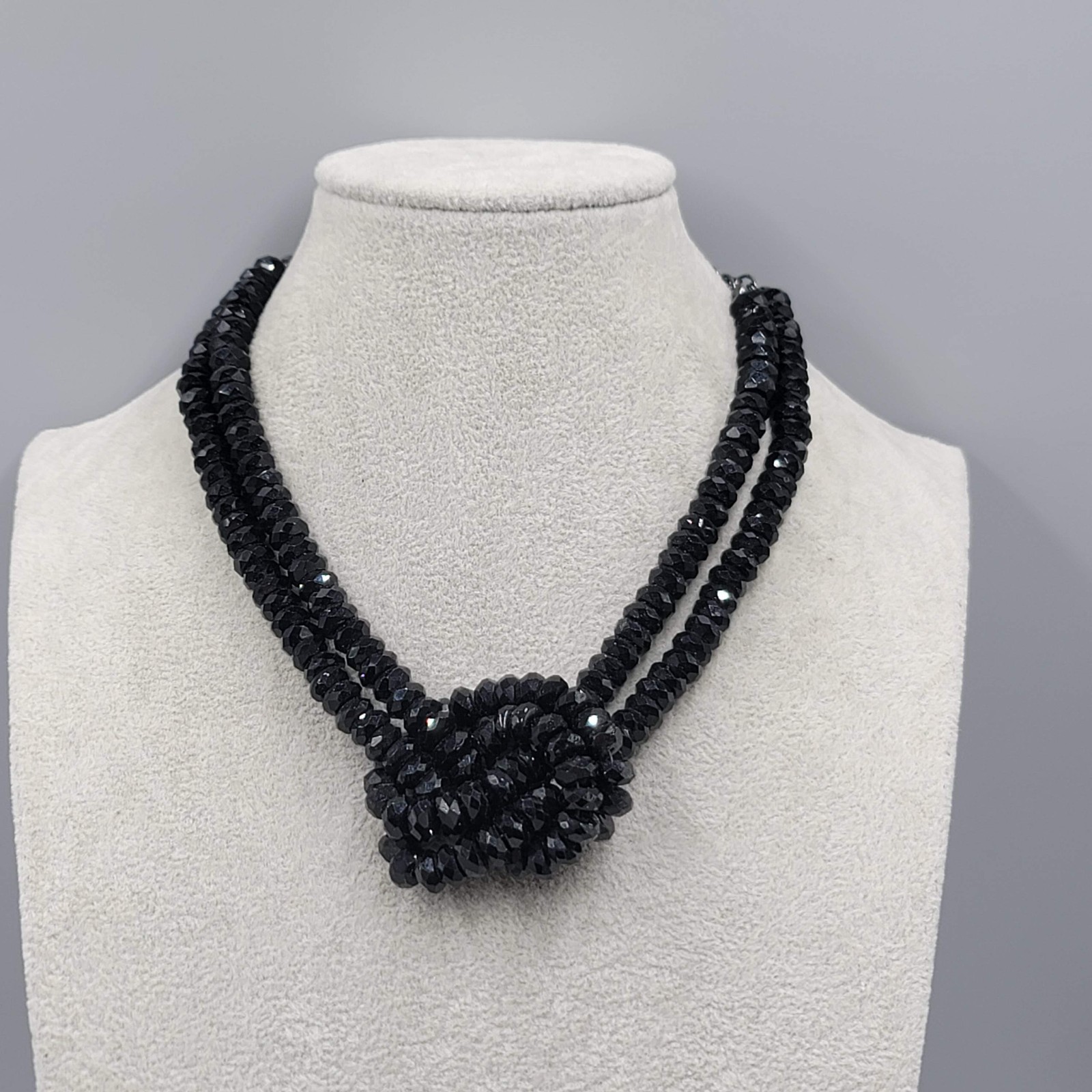 Statement Black Glass Beaded Knot Necklace Gunmetal Gray 18″ adj