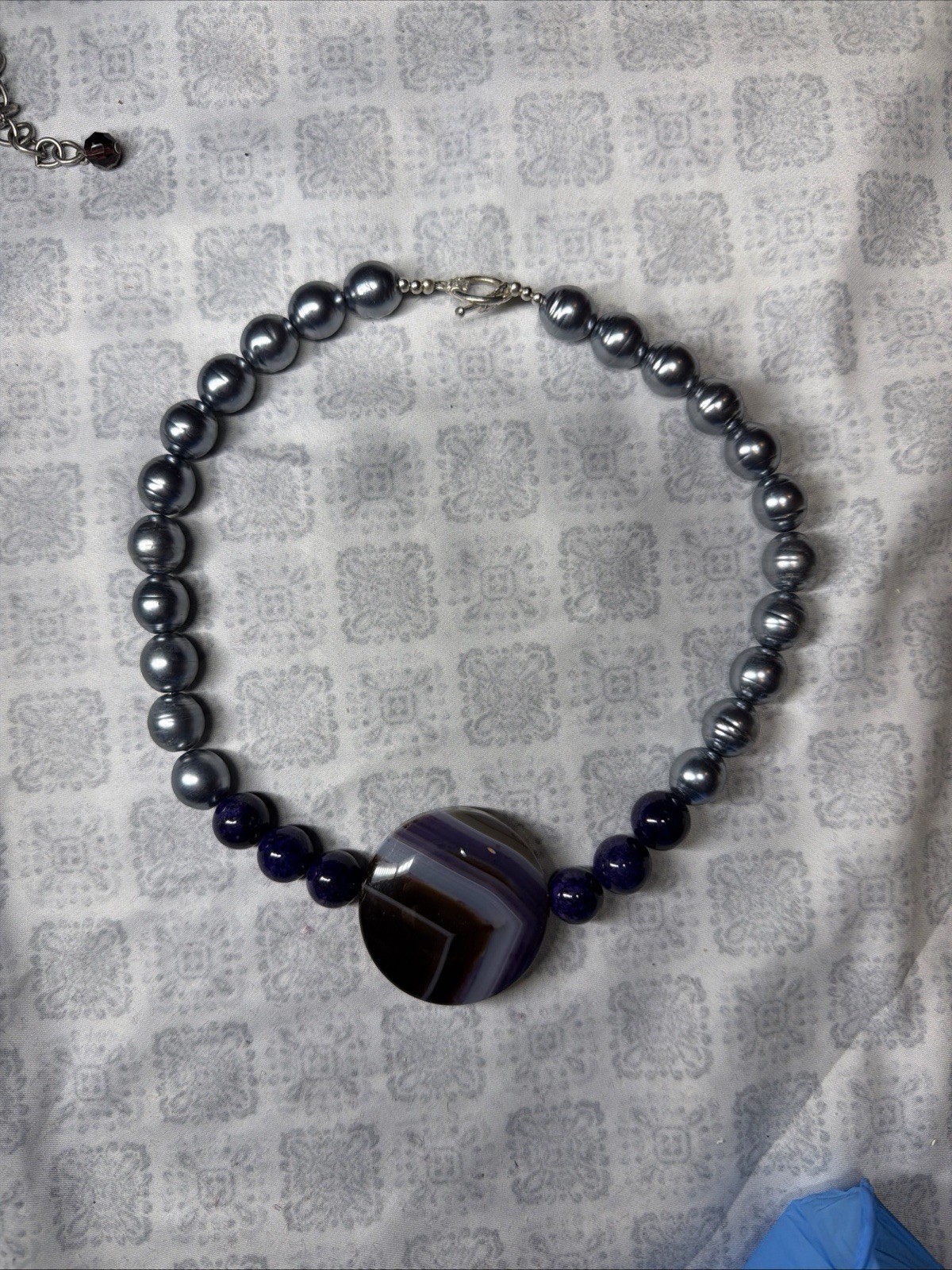 Artisan Banded Purple Agate Statement Necklace Pearl Beads Silver Clasp OOAK
