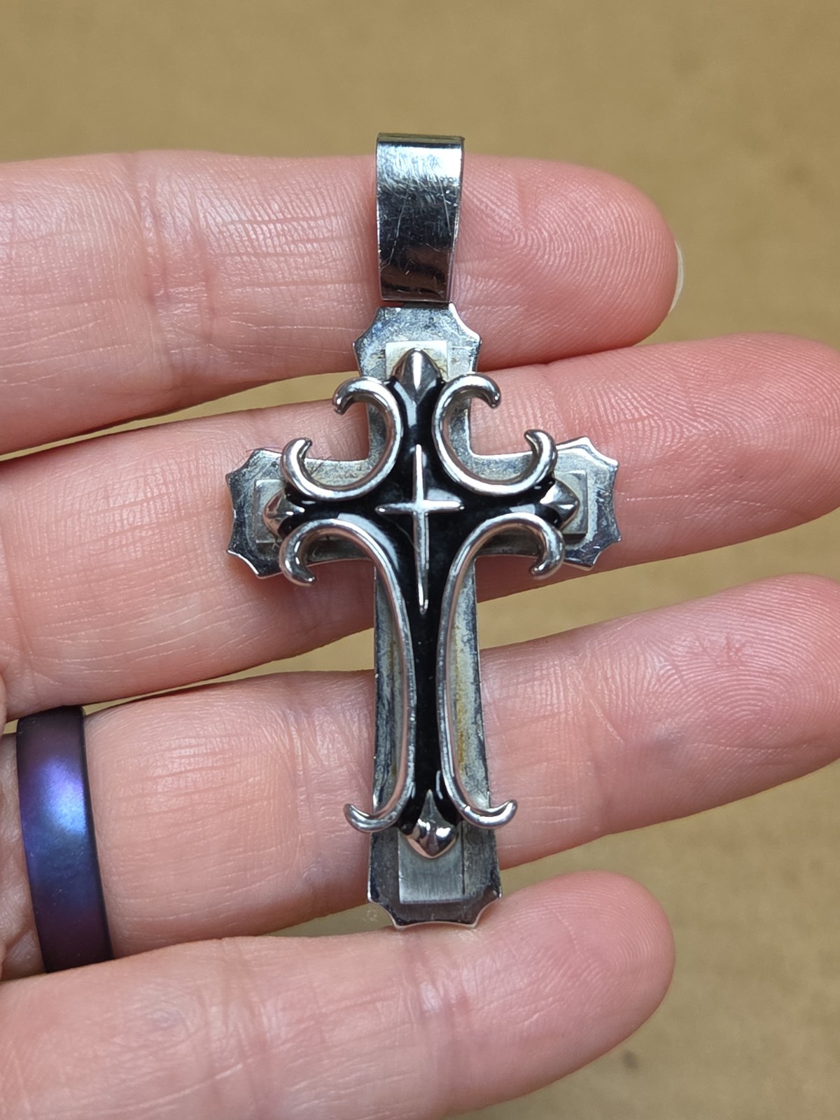 Beautiful Intricate Stainless Steel & Black Cross Pendant *SEE PICS
