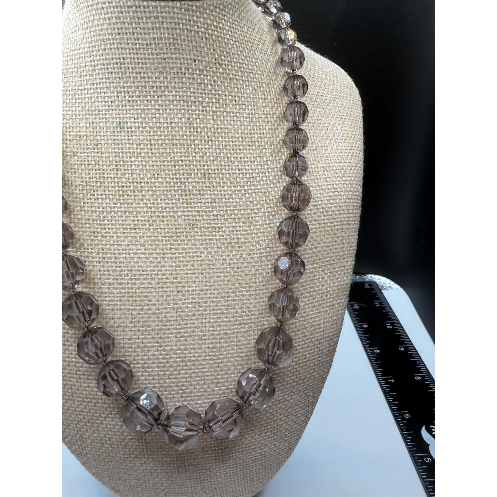 Smoky Grey Faceted Graduated Bead Necklace Silver Tone Adjustable 18-20.5 Inch
