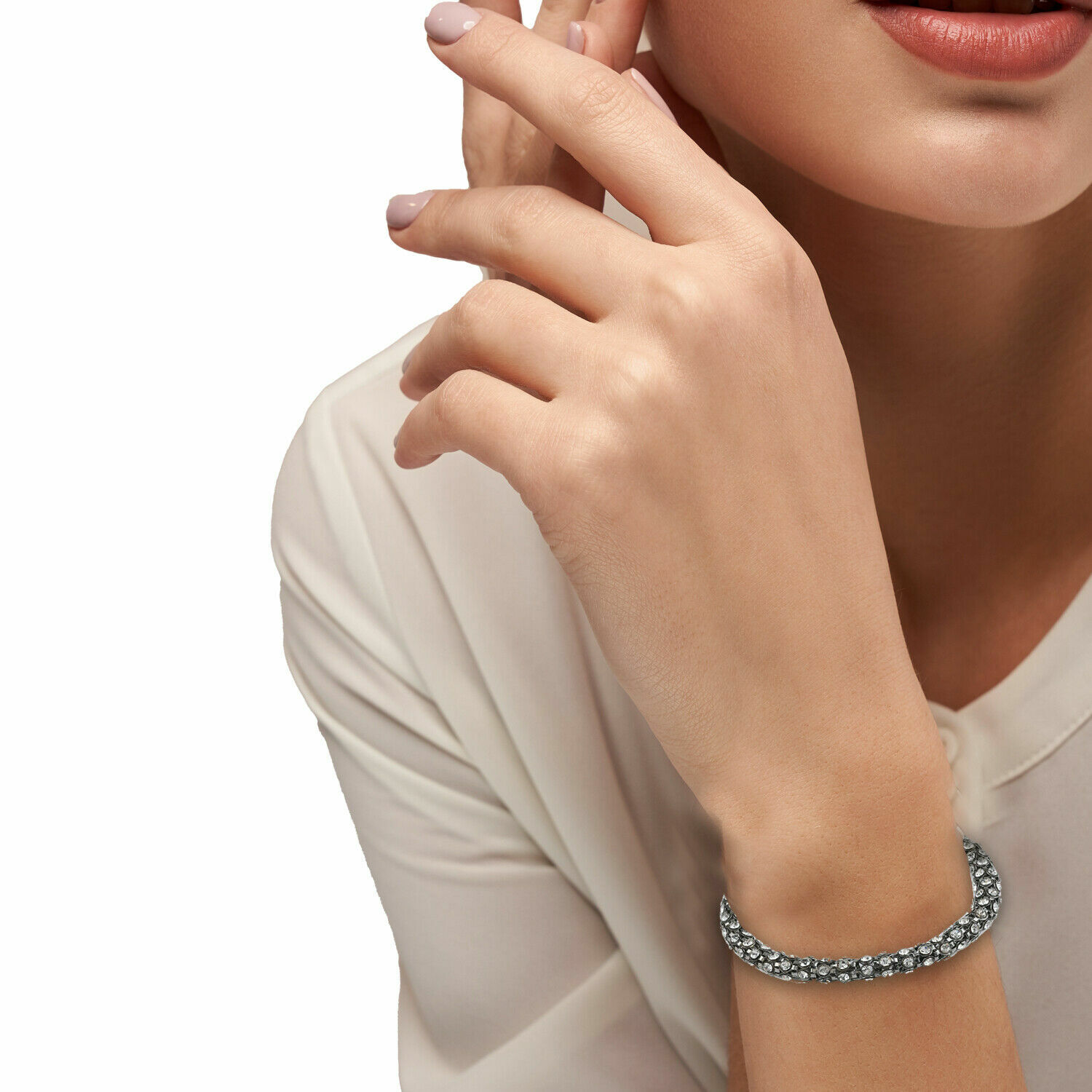 Black & White Sterling Silver Crystal Bangle Cuff Bracelet For Women Size 7″