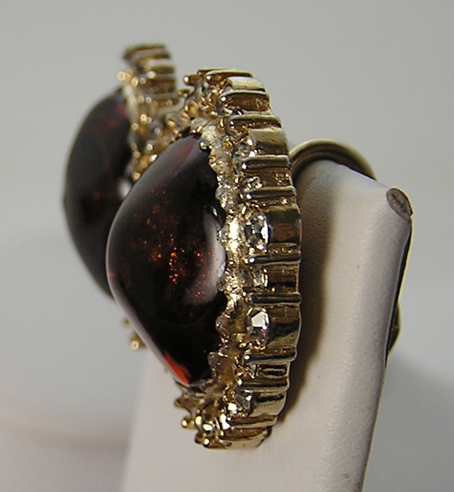 Nettie Rosenstein Bronze w/Gold Metalflake Swirl Cabochon & Rhinestone Earrings