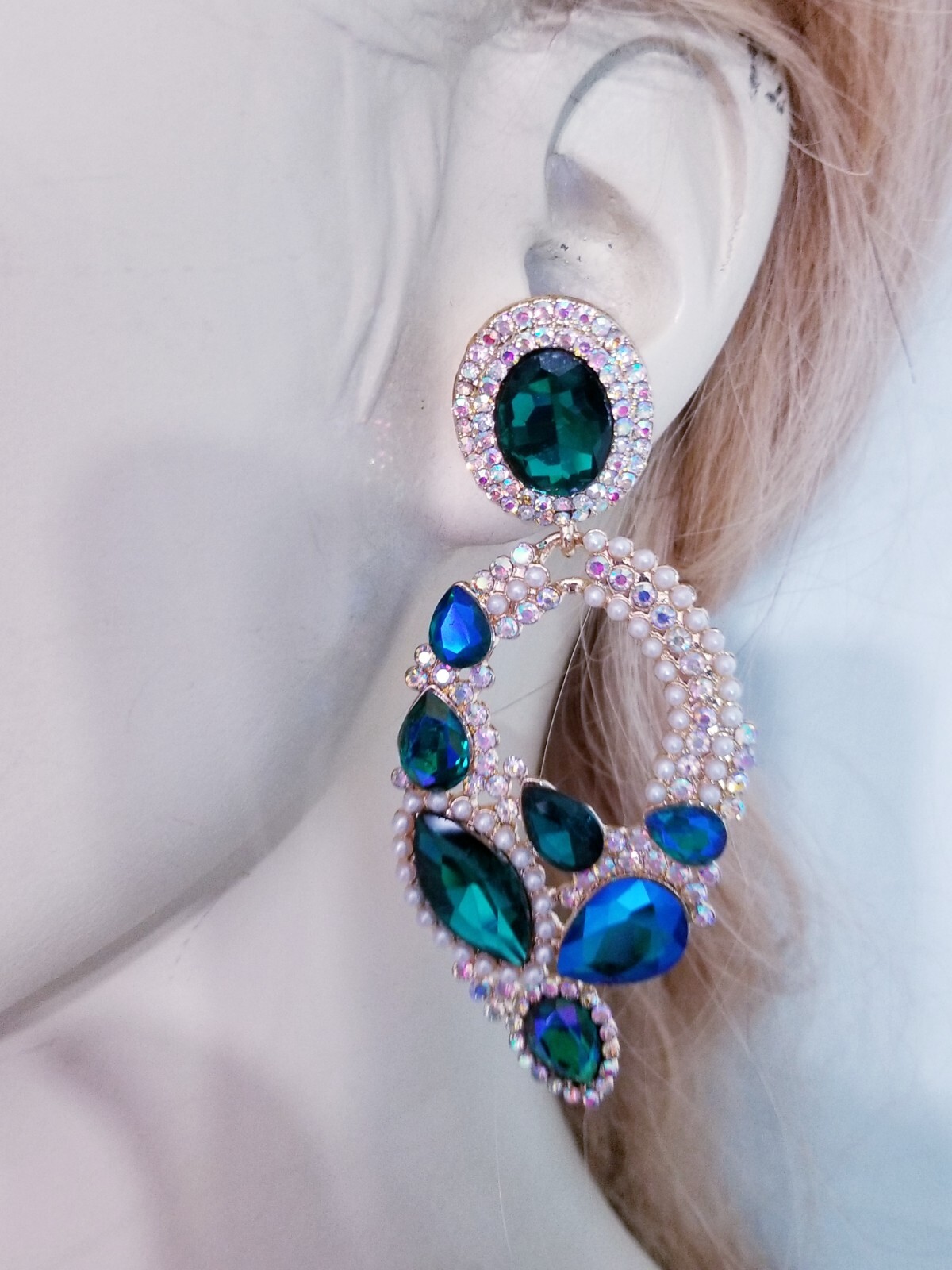Chandelier Rhinestone Crystal Pageant Bridal Earrings Blue Drop Dangle 3.2 Inch