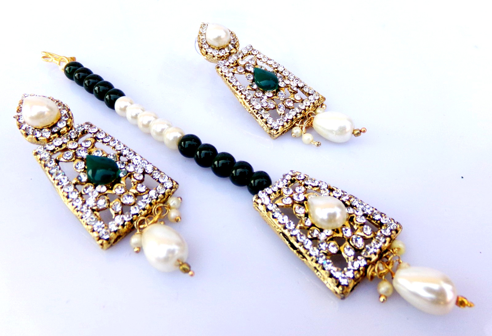 Indian Bollywood Gold Tone Pearl CZ Choker Bridal Necklace Earrings Jewelry Set