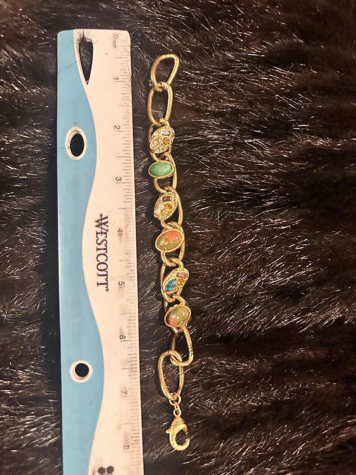 Gold Tone Bar Link Charm Bracelet Dangle Oval Glass Stones Bezel 7in