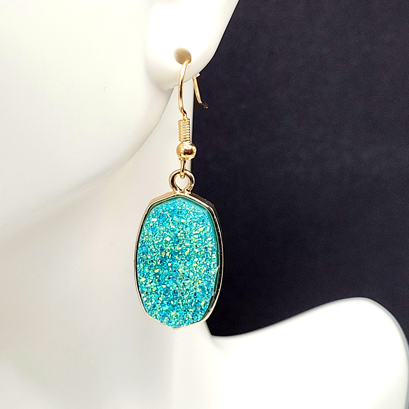 Modern Sparkle Faux Druzy Turquoise Color Gold Tone Pierced Hook Dangle Earrings