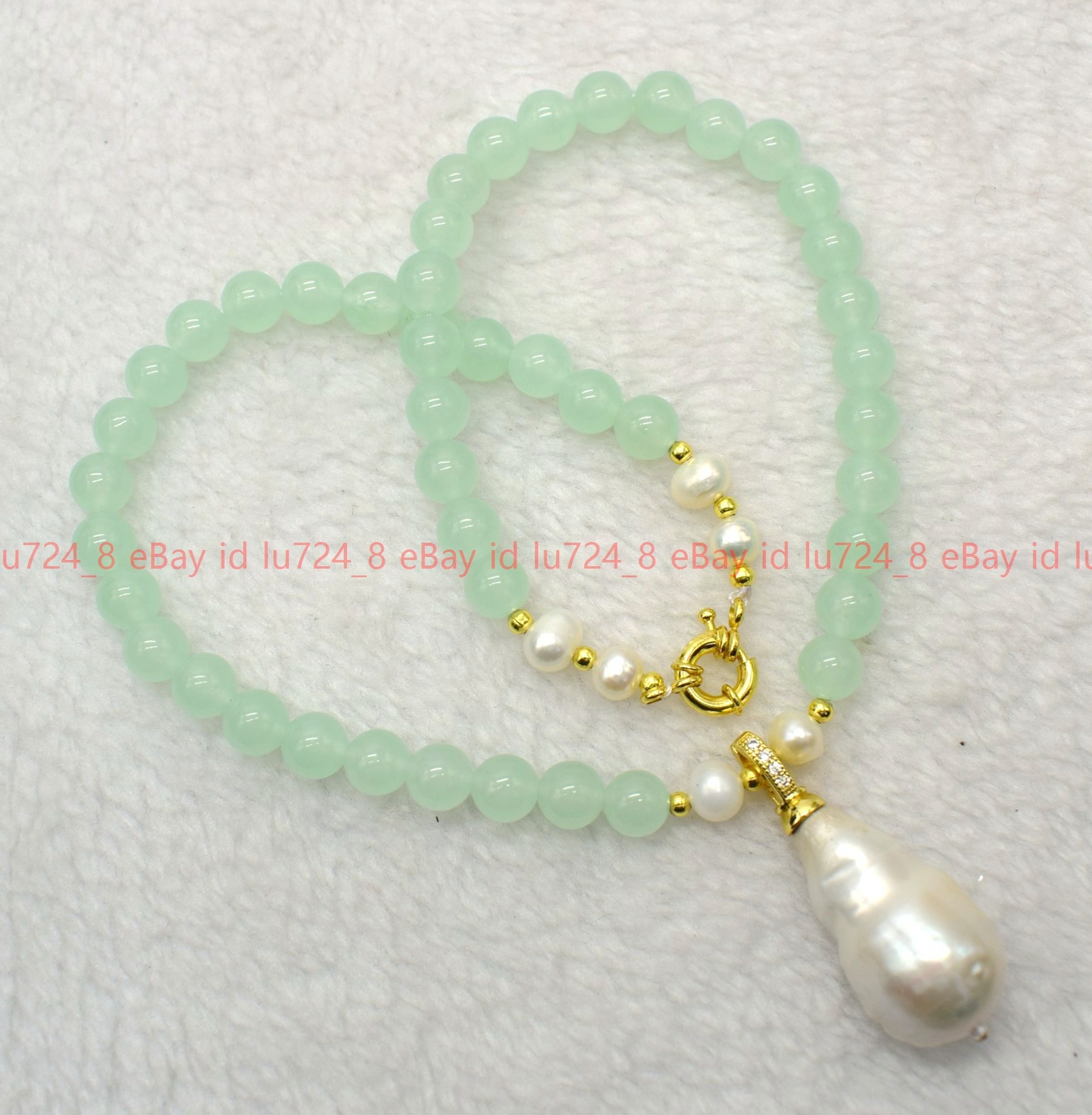 Natural 6-12mm Light Green Jade &White Keshi Baroque Pearl Pendant Necklace 18″