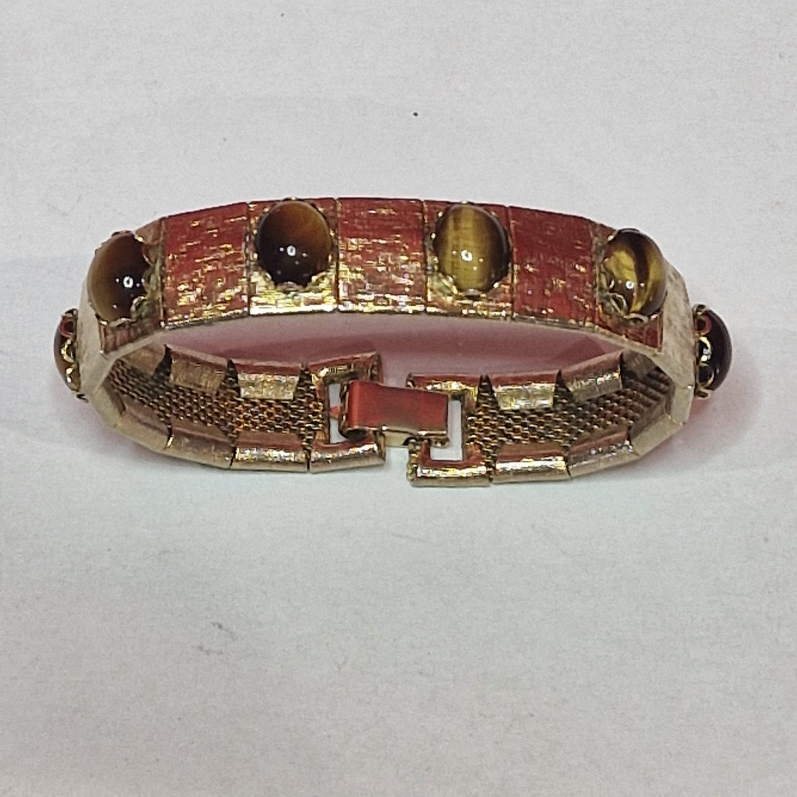 Vintage Bracelet Gold Tone Oval Cabochon Tigers Eye ? 18.5cm long