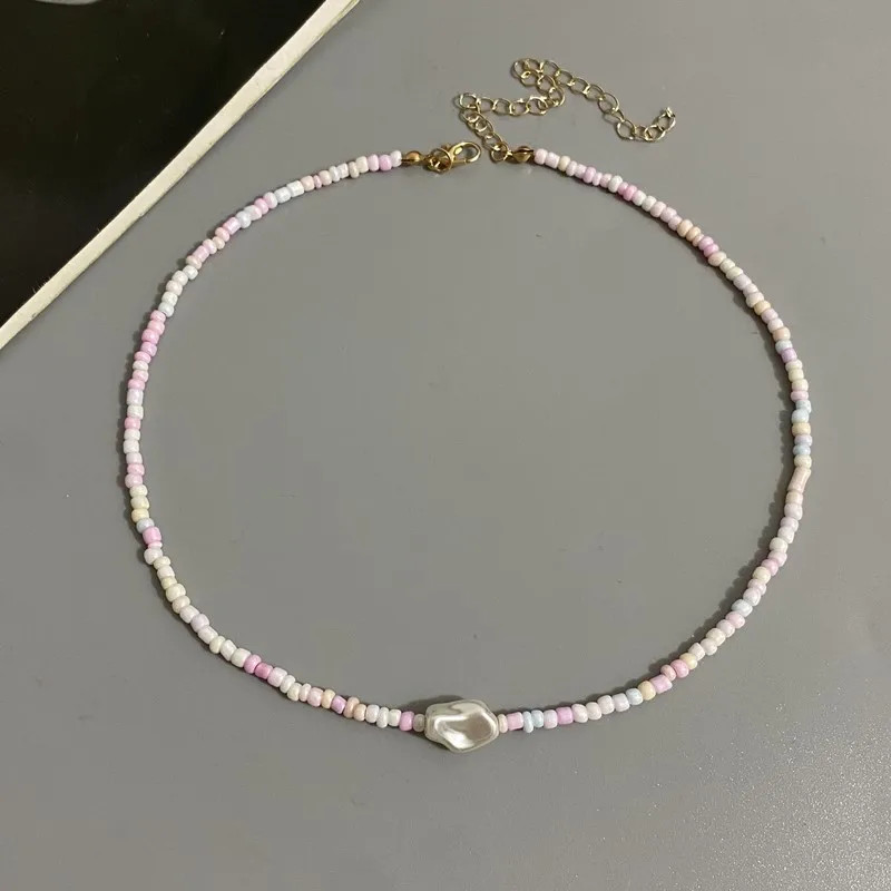 Fashion Boho Beads Necklace Women Imitation Pearl Seed Beaded Strand Short Choke
