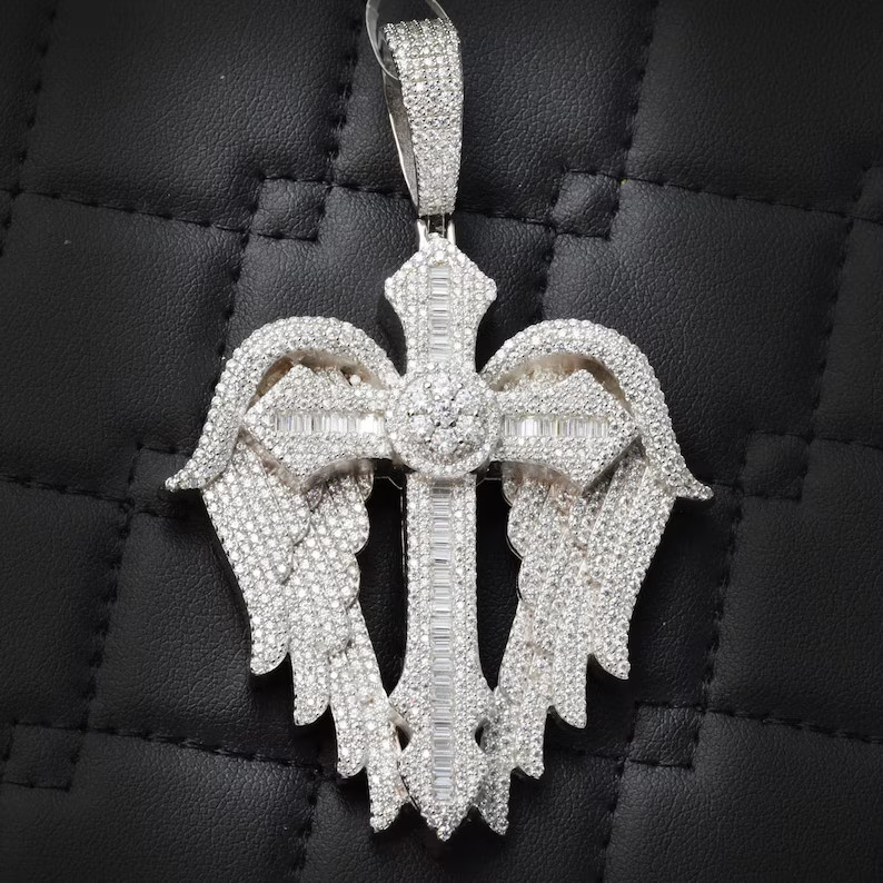 4Ct Baguette Simulated Diamond Heart Wings Cross Pendant 14k White Gold Plated