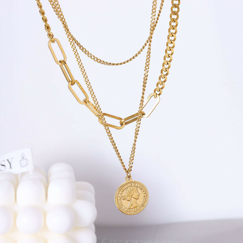 Woman 18K Gold Plated Elizabeth Charm Necklace Triple Layer Rolo Link Chain