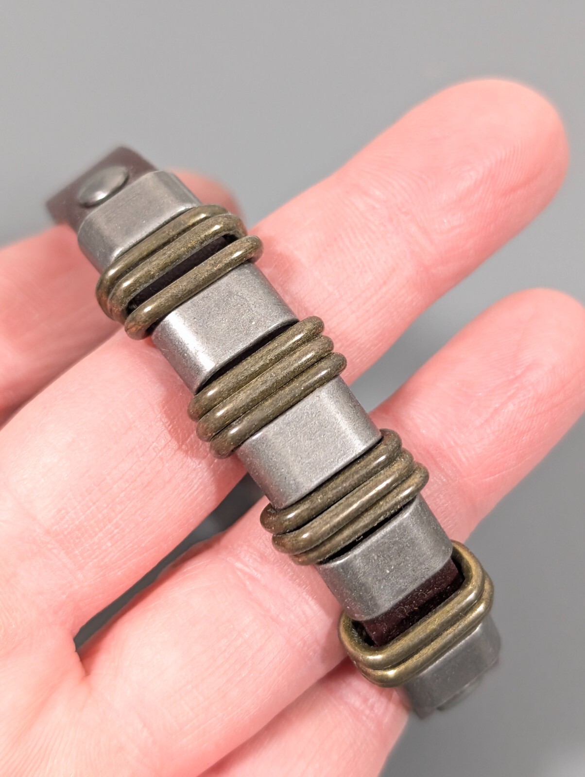 Industrial Boho WEstern Two Tone Slide Charm Snap Cuff Bracelet 7.5 in