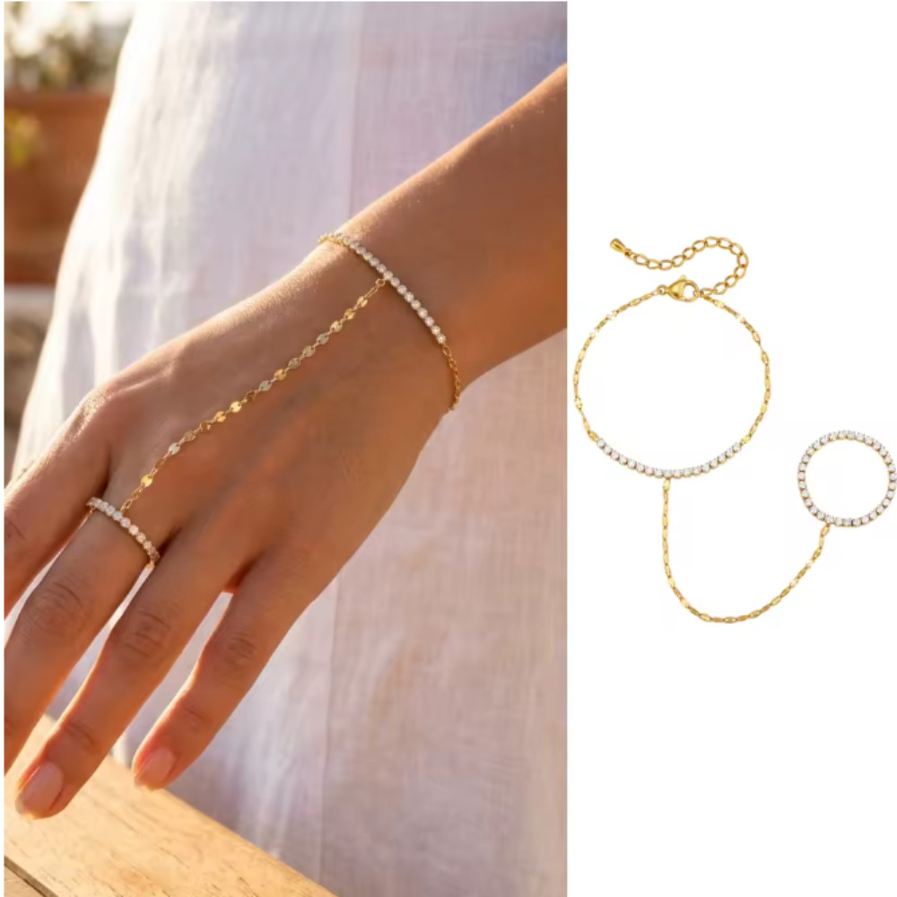 Bohemian Bead Slave Bracelet Gold Plated Hand Harness Ring Chain Jewelry