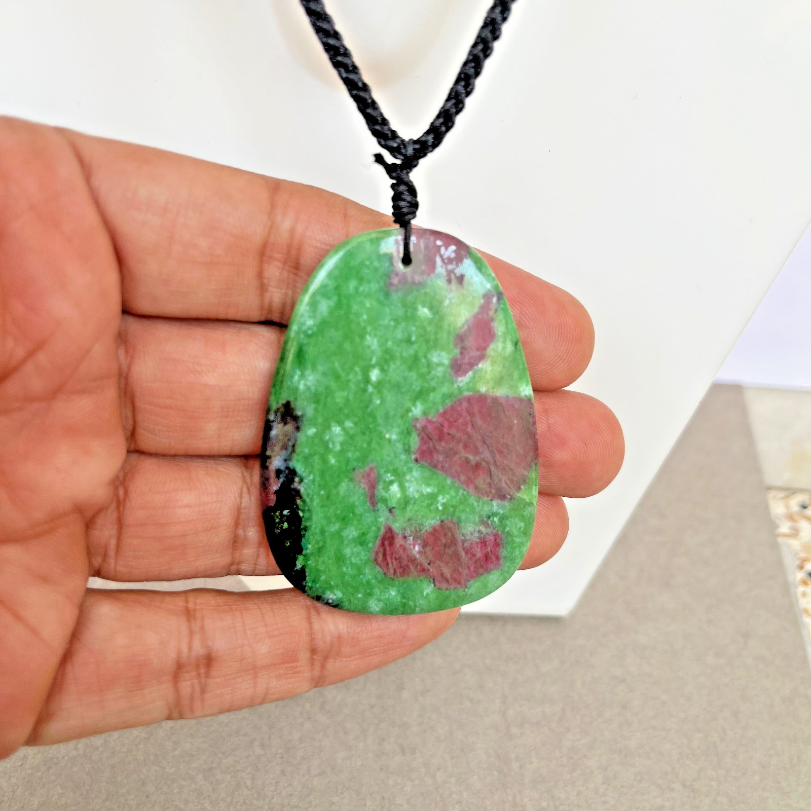 Large Ruby Zoisite Necklace Anyolite Crystal Pendant Adjustable Cord Jewelry