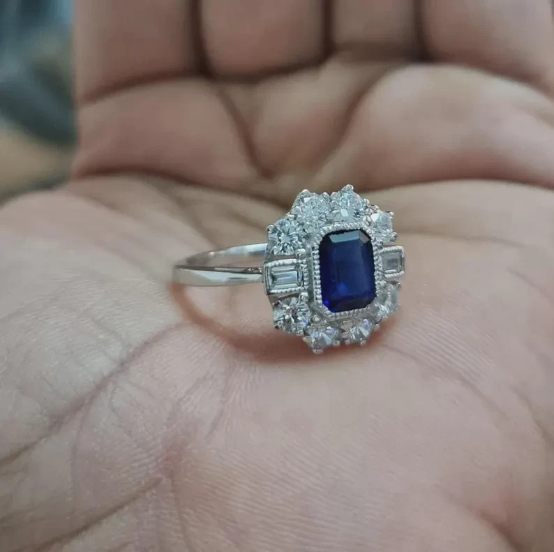 Vintage Blue Sapphire Halo Ring 925 Sterling Silver Art Deco Engagement