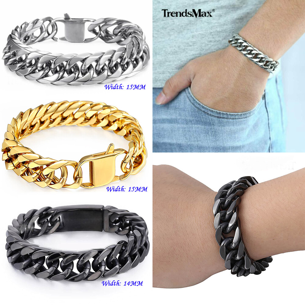 15mm 316L Stainless Steel Bracelet Silver/Gold Plated Curb Link Mens Chain 8-10″