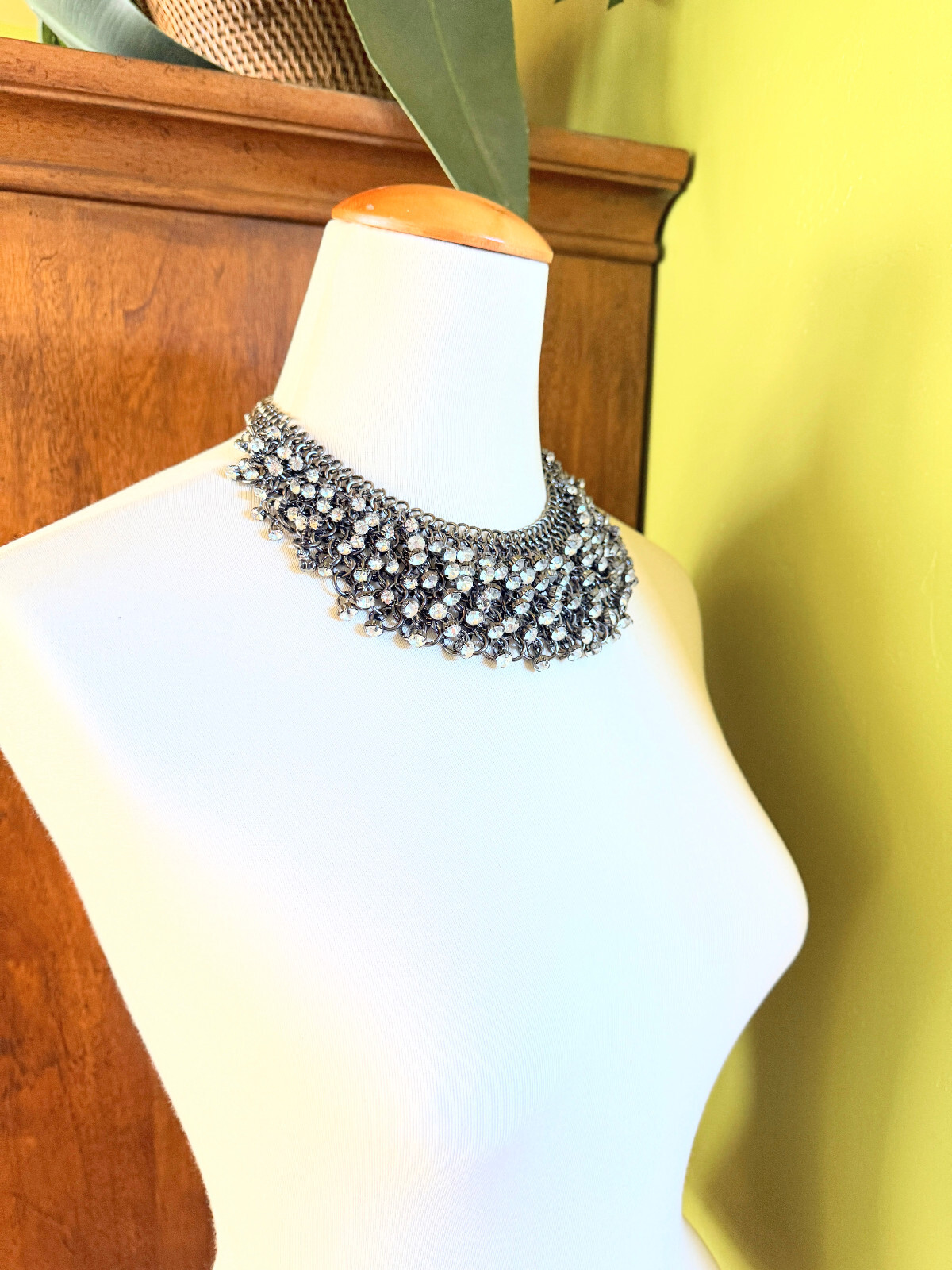 Vintage bib necklace draped chain Rhinestone Nordstrom statement gun metal grey