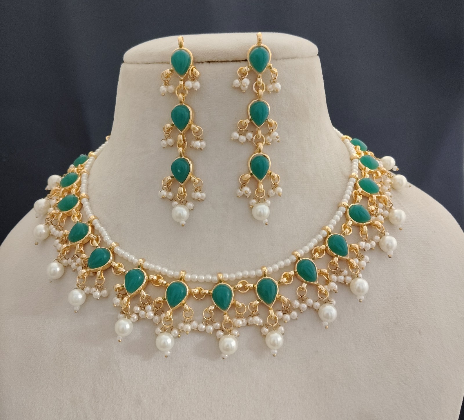 Authent Emerald Green Teardrop Pearl Necklace Set with Long Earrings Roz Jewelle