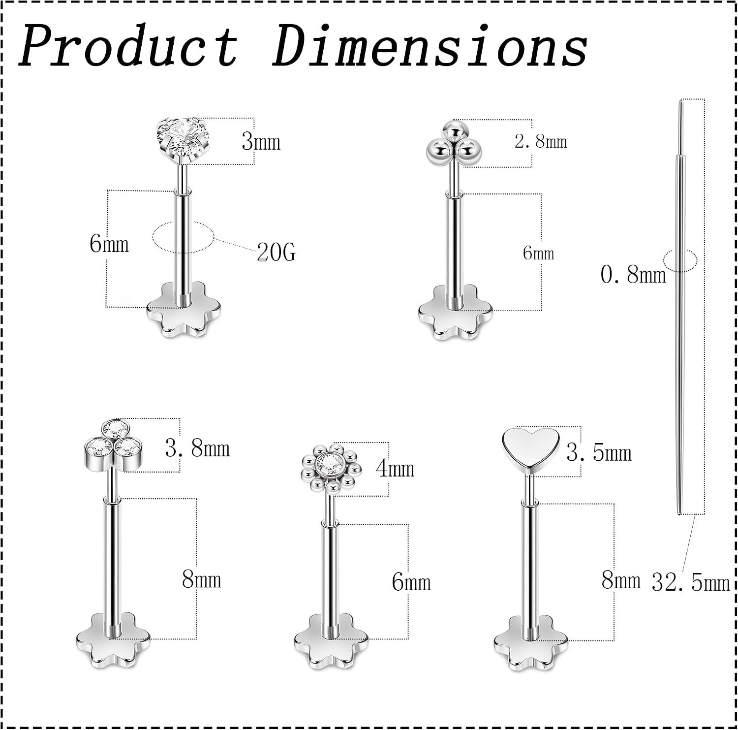 5Pairs 18G 20G Threadless Earring for Women 316L Stainless Steel Push in Earr…