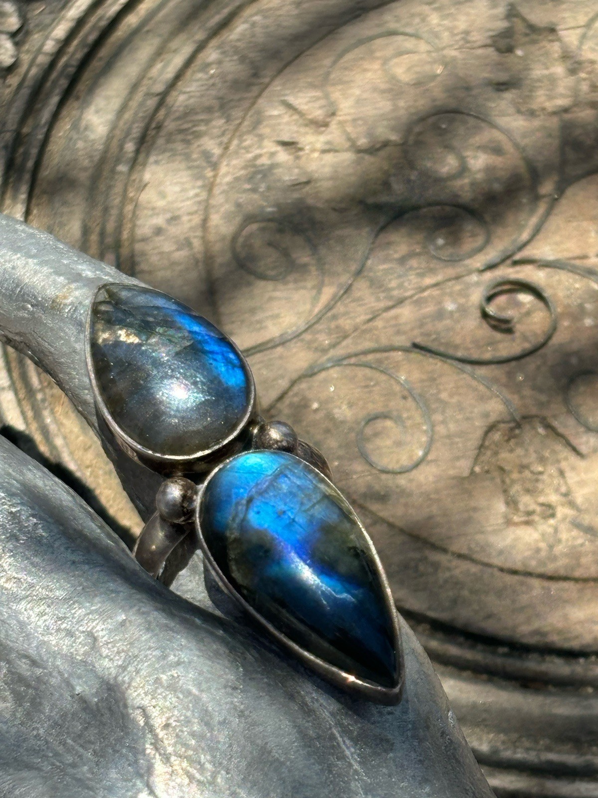 Double pear shaped labradorite gemstone silver ring size 9