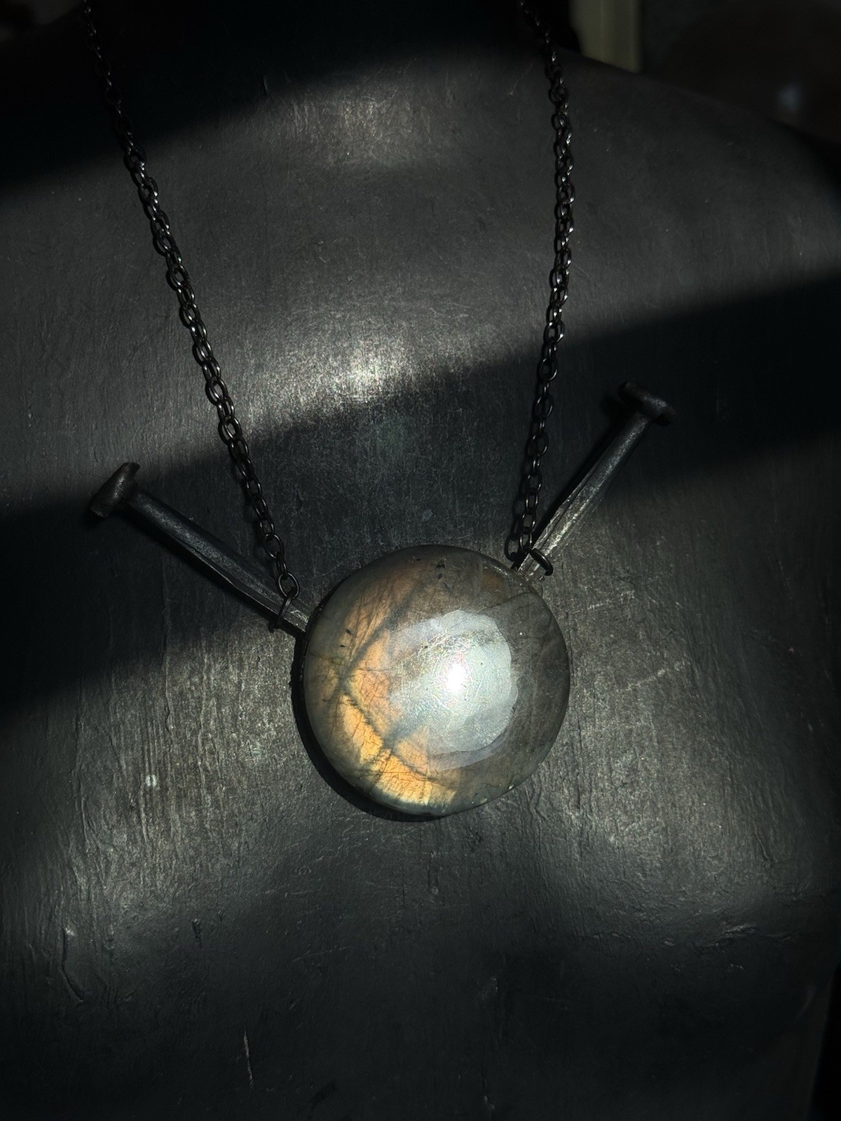 Labradorite and coffin nail statement crystal necklace gunmetal chain goth jewel