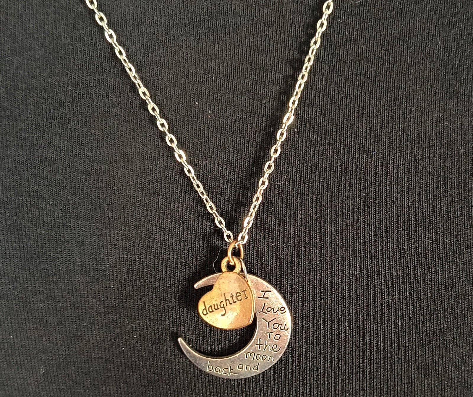 Daughter Love You To the Moon Silvertone /Brass Color Charm Necklace Adjustable