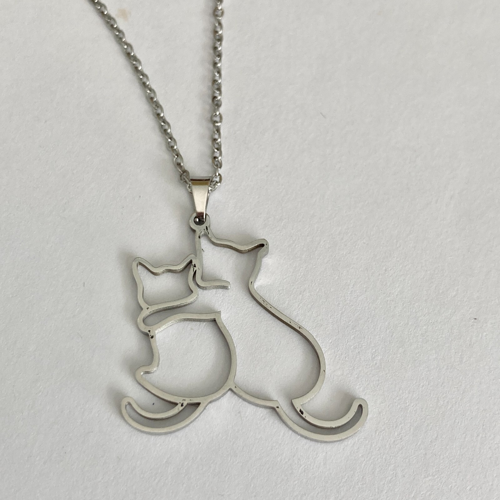 Two Cats Charm Pendant Necklace 17-19″ Chain Stainless Steel Cat Lady Silhouette