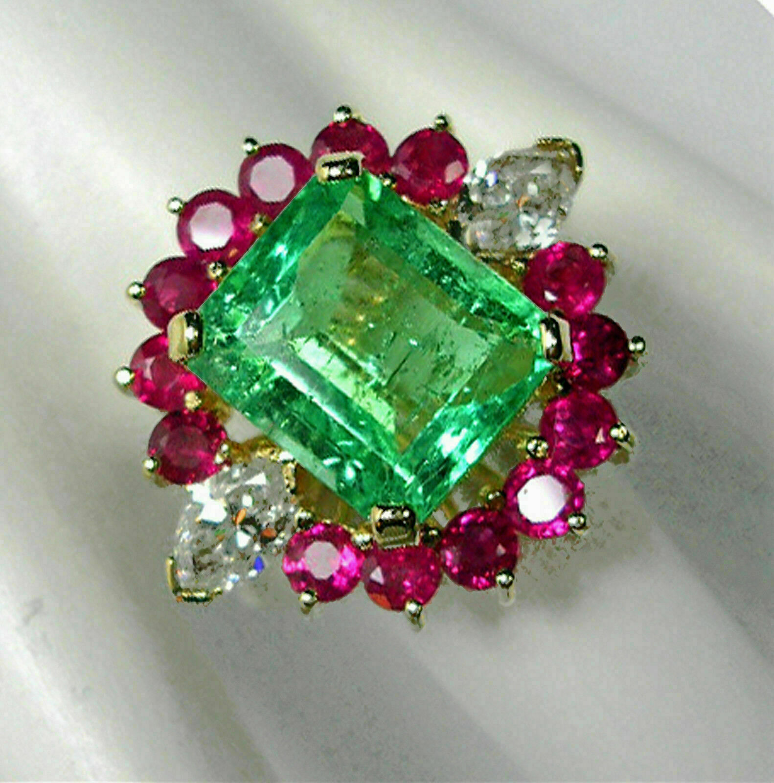 7Ct Simulated Green Emerald, Diamond Ruby Ring 14K Yellow Gold Plated Silver
